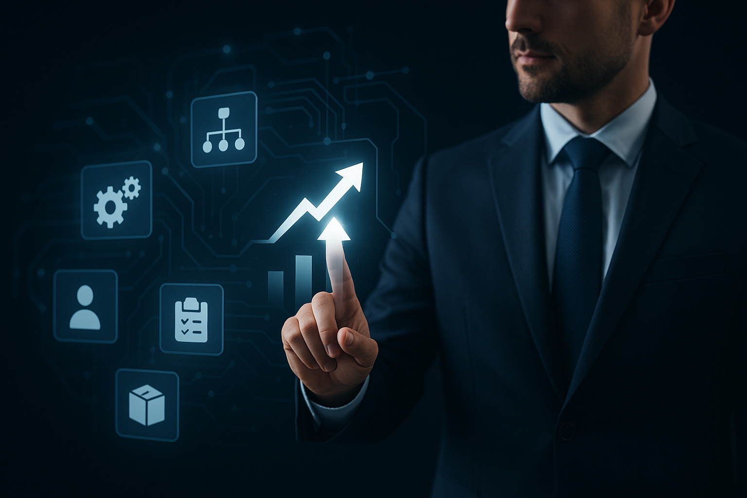Ejecutivo de negocios con iconografía de organigrama y crecimiento, representando cómo RK Alliance estructura la operación de una empresa con SAP Business One y Odoo